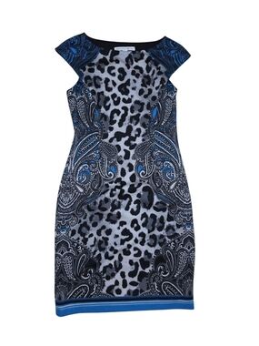 London Times Black and Blue Paisley-Leopard Midi Sheath Dress